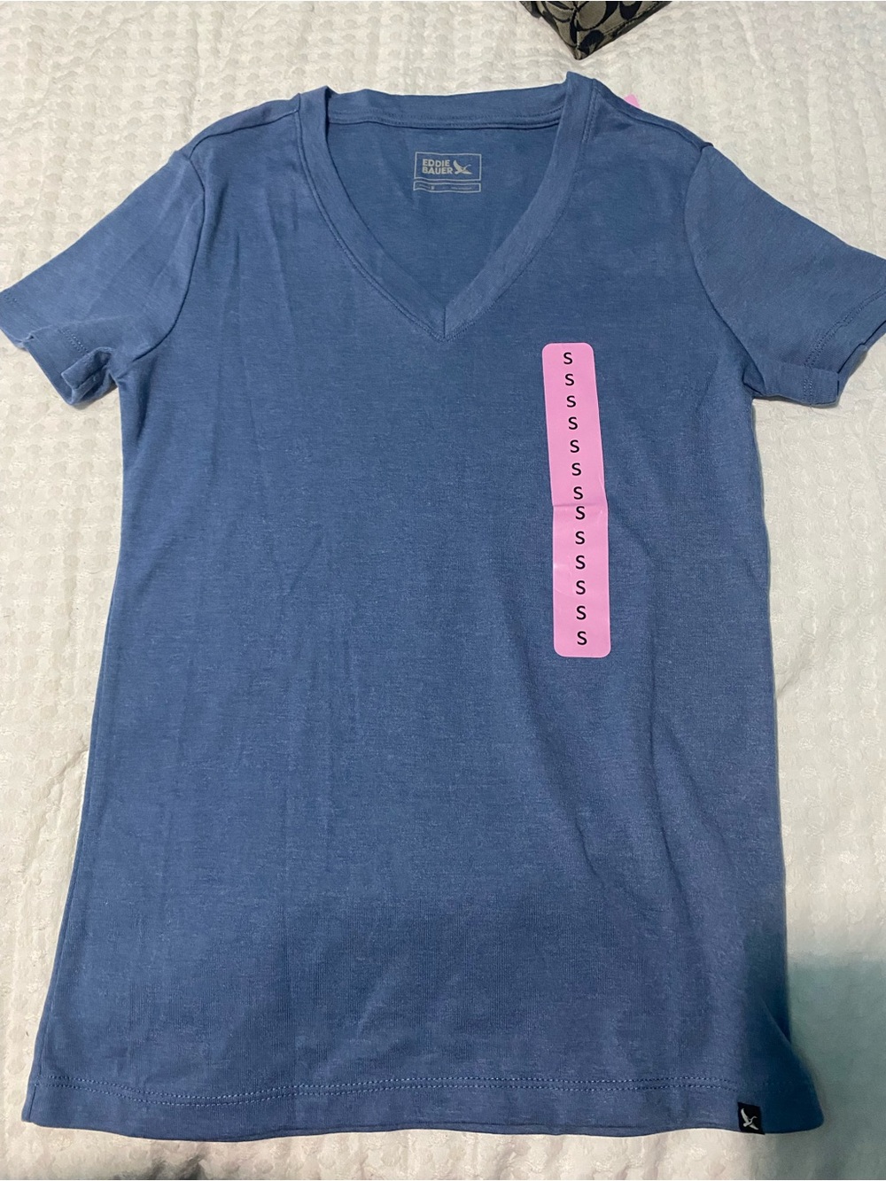 Eddie Bauer Women's V-Neck Tee in Blue with Pink Tag